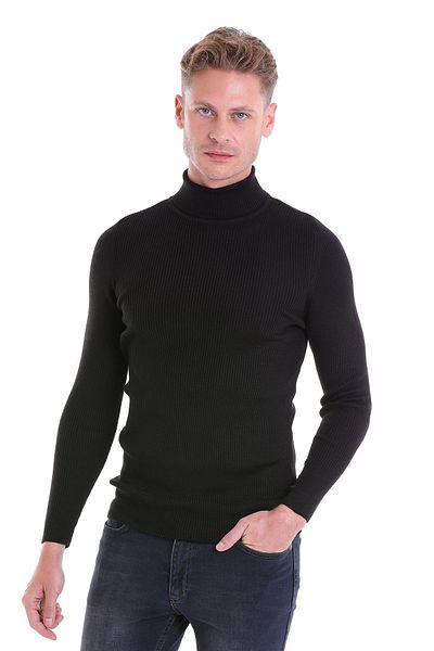 Hatemoğlu Black Comfort Fit Ribbed Turtleneck Wool Wool Sweater