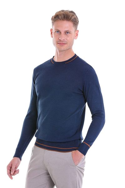 Hatemoğlu Indigo Comfort Fit Patterned Crew Neck Wool Sweater