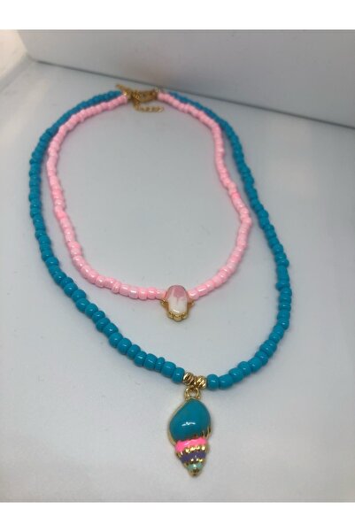 CHIC Renkli Alacalı Midye Mavi Boncuk Kolye Ve Gold El Figürlü Pembe Kolye