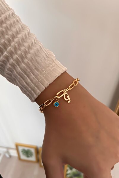 Trendy Butik Letter g and Evil Eye Hanging Paper Clip Chain Bracelet