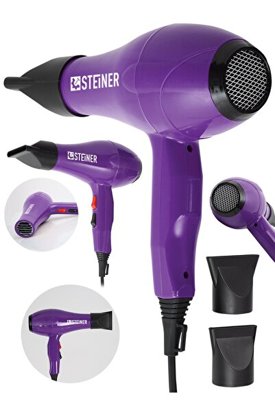 STEİNER Alman 3600 Watt Profesyonel Saç Kurutma Makinesi Fön Makinesi Ac Motor Ms-9001 Mor + 2 Adet Başlık