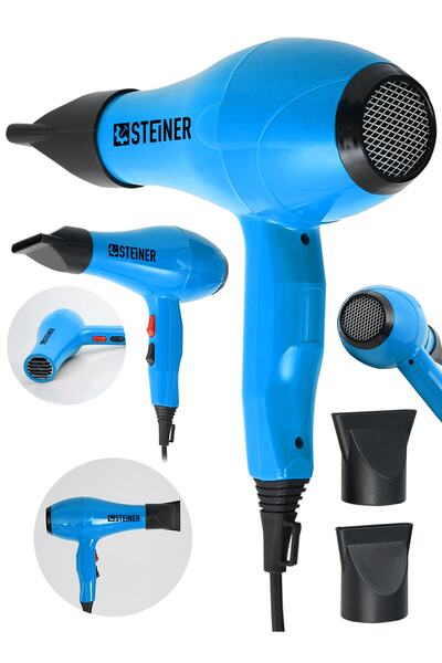 STEİNER Alman 3600 Watt Profesyonel Saç Kurutma Makinesi Fön Makinesi Ac Motor Ms-9001 Mavi + 2 Adet Başlık