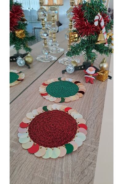 SOUL BY A&B El Örgüsü Pullu Bardak Altlığı Simli Kırmızı Yeşil Yeni Yıl 2li K...