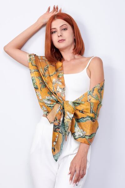 Nomads Felt İpek Fular | 55x180 cm | Gold Van Gogh Almond Blossoms | Nomads Felt