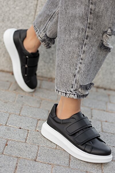 BOUIS Women's Black and White Artificial Leather Velcro Thick Soled Durable Sports Shoes Flexible and Stylish Sneaker