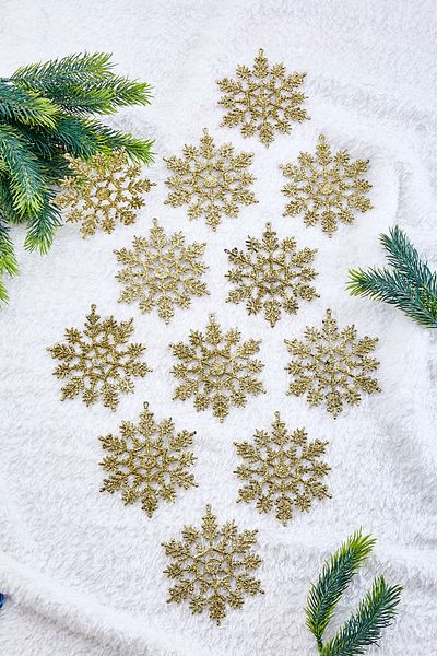 Waldern Treyyshp Christmas Pine Tree Patterned Ornament Glitter Snowflake - Set of 12