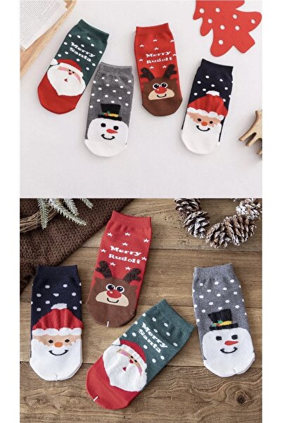 Atacık Çorap 4 Çift Kadın Yıkamalı Yılbaşı Desenli Bilek Patik Çorap