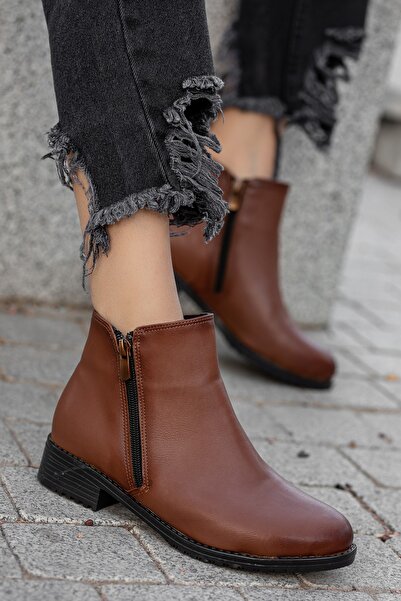 BOUIS Cizme casual de damă din piele maronie, cu fermoar, din piele artificială, gleznă, elegantă, cu toc scurt, rezistentă la apă