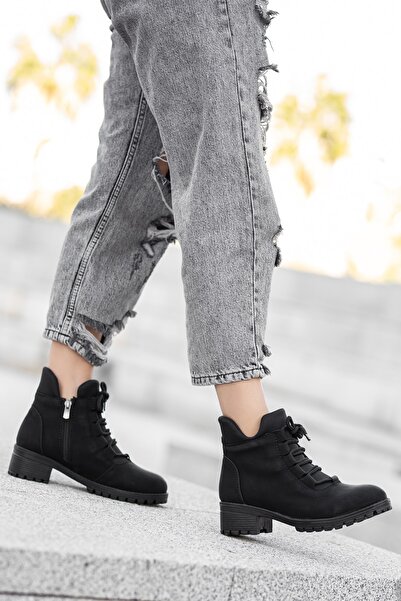 BOUIS Kadın Günlük Siyah Fermuarlı Bağcıklı Mat Suni Deri Şık Kısa Topuklu Suya Dayanıklı Bilekte Bot