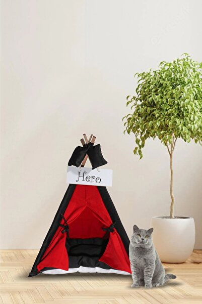 Webburada Kırmızı Kedi Köpek Yatağı Çadırı 70x70 Cm Minderli