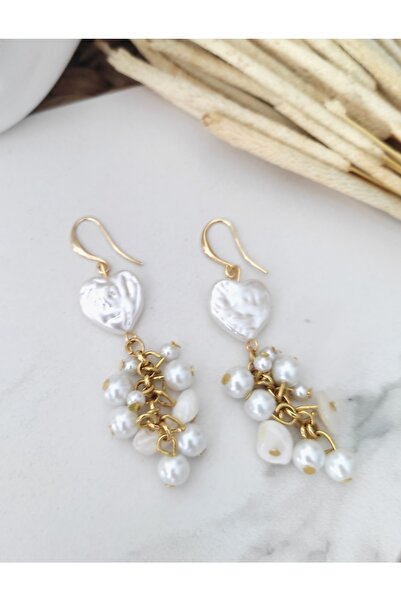 HALHALMILL Kalpli İncili Altın Kaplama Doğal Taşlı Küpe