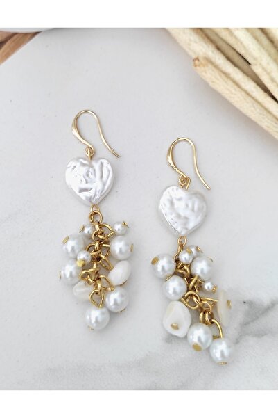 HALHALMILL Kalpli İncili Altın Kaplama Doğal Taşlı Küpe