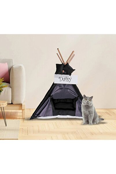 Webburada Gri Siyah Kedi Köpek Yatağı Çadırı 70x70 Cm Minderli