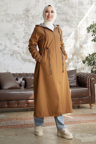 InStyle Layisa Striped Patterned Gathered Waist Trench - Tan