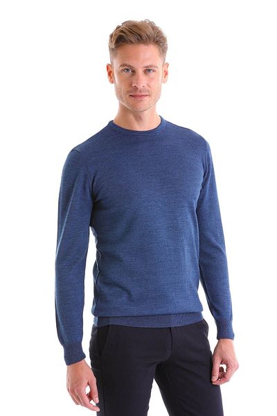 Hatemoğlu Μπλε Comfort Fit Απλό μάλλινο πουλόβερ με λαιμόκοψη
