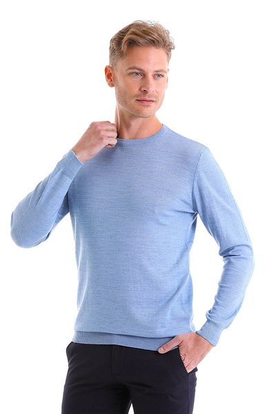 Hatemoğlu Blue Comfort Fit Plain Crew Neck Woolen Sweater