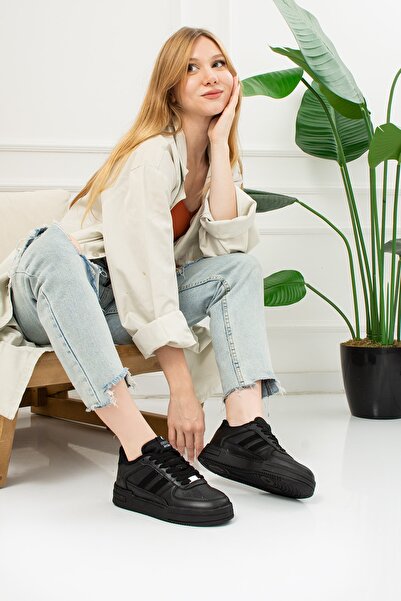 Nstil Günlük Unisex Siyah Sneaker Bağcıklı Rahat Kalın Tabanlı Spor Yürüyüş A...