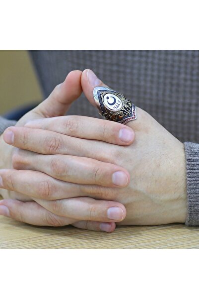 Tesbihane Arma Tasarım "türk" Yazılı Ve "ayyıldız" Temalı 925 Ayar Gümüş Okçu (zihgir) Yüzüğü