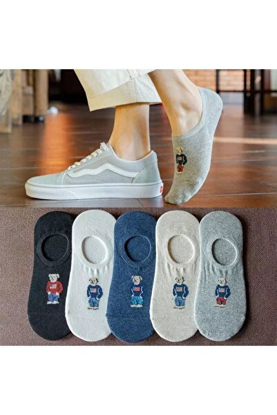 dm del more 5 Pairs of Women's Teddy Bear Patterned Washable Invisible Ballet Socks