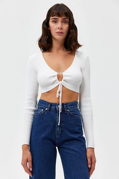 Açelya Okcu Lace-up Corded Crop Knitwear Cardigan