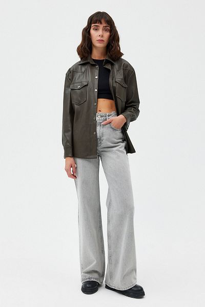 Açelya Okcu Vegan Leather Shirt with Snap Closure and Pocket Detail