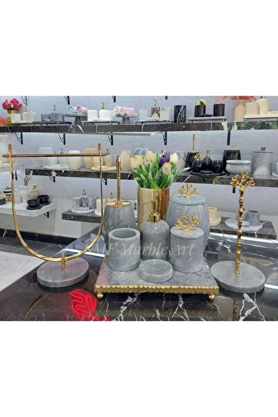 Sümeyra Marble Art Light Grey Golden - Doğal Gri Mermer Banyo Seti | 9lu | Gold