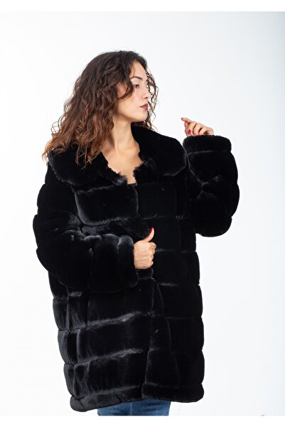KürkZone Özel Tasarım Siyah Kadın Kürk Kaban