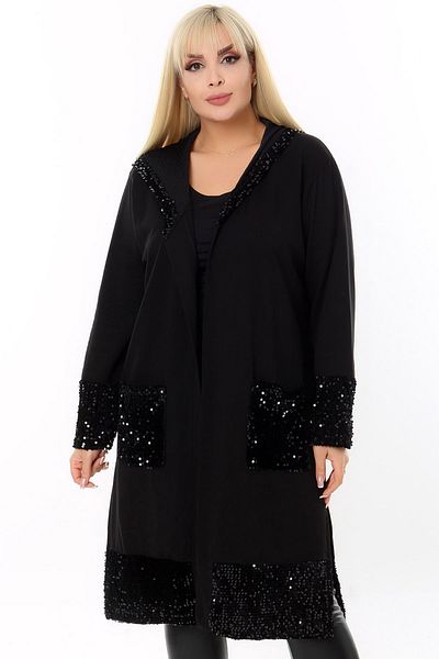 Kheos Long Loose Cardigan with Pocket Collar and Sleeve Sequin Belt Hooded