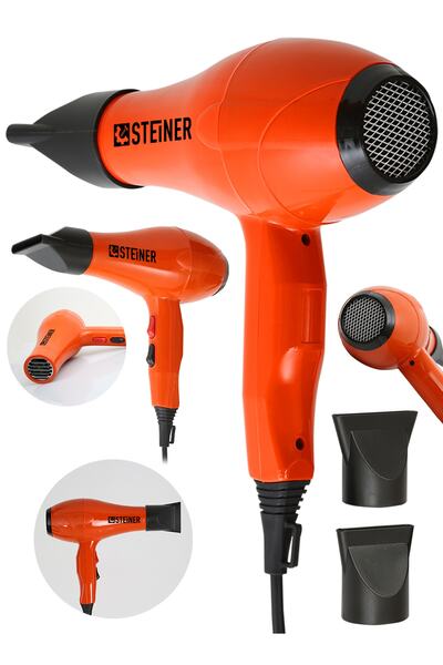 STEİNER Alman 3600 W Profesyonel Saç Kurutma Makinesi Fön Makinesi Ac Motor Ms-9001 Turuncu + 2 Adet Başlık