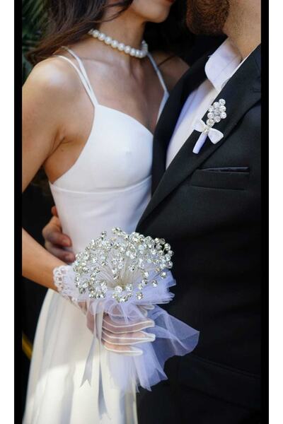 MK ORGANİZASYON Taşlı Gelin Buketi-yaka Çiçeği