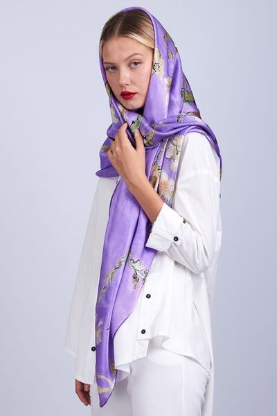 Nomads Felt Silk Shawl Scarf| Purple Van Gogh Almond Tree| 140 cm| Nomads Felt
