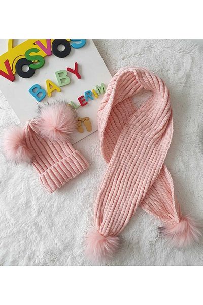 VOSVOSBABYSTORE Powder Pompom Scarf Beanie Set