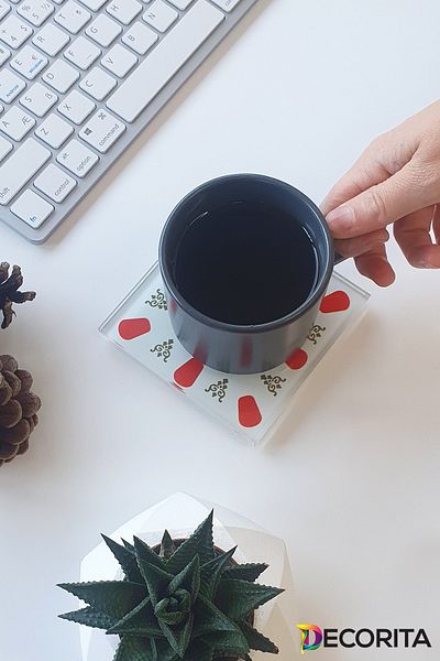 Decorita Glass Coaster| Acem Coffee Shop - Red| Set of 4| 10cm X 10cm