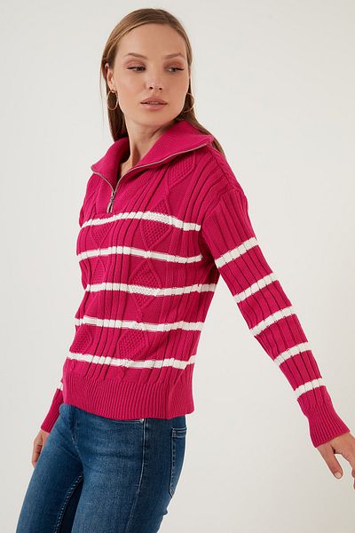 Lela Pulover tricotat tricotat cu guler cu fermoar în dungi 63622458