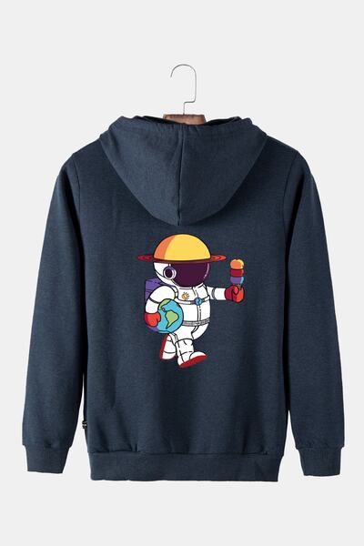 COLLIE Hanorac indigo unisex cu glugă cu imprimeu astronaut pe spate, buzunar...