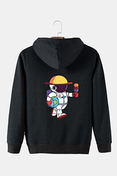 COLLIE Hanorac unisex, antracit, cu glugă, cu imprimeu astronaut pe spate, bu...