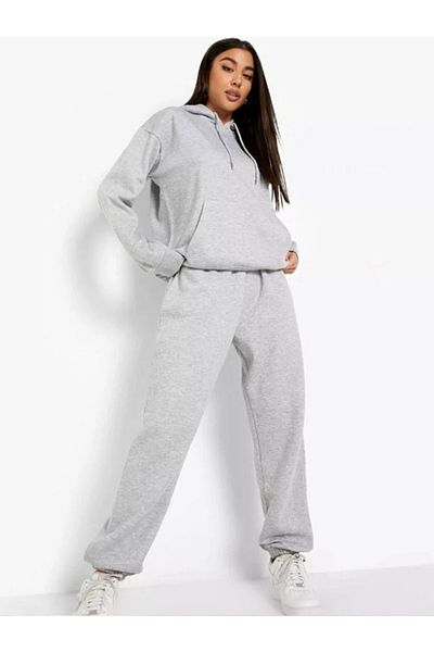 AFROGİYİM Σετ γυναικεία φόρμα oversize γκρι με κουκούλα χωρίς εκτύπωση