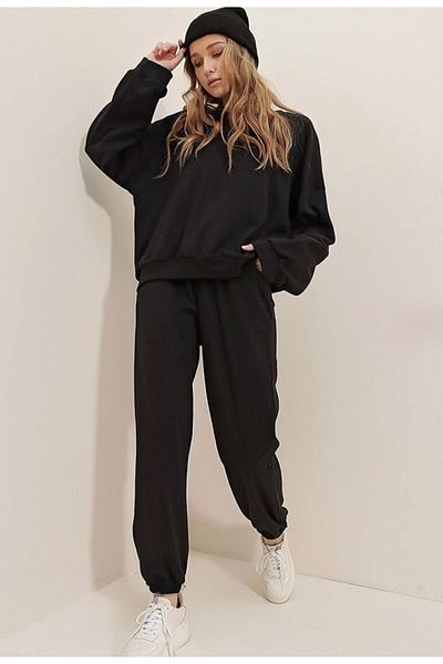 AFROGİYİM Γυναικείο σετ φόρμας Oversize Μαύρο Crew Unprinted