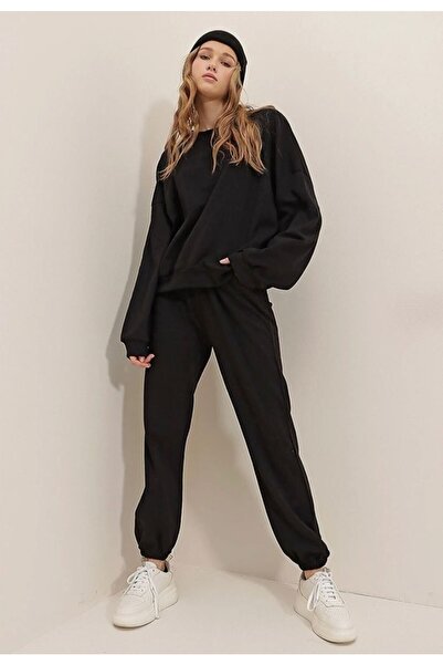 AFROGİYİM Γυναικείο σετ φόρμας Oversize Μαύρο Crew Unprinted