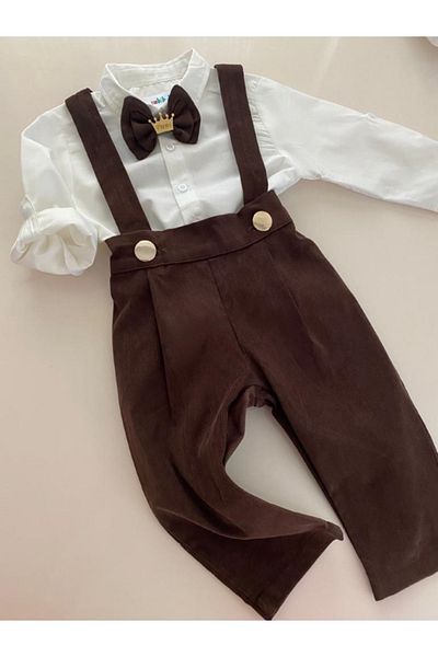 tubibebe Brown Corduroy Pleated Salopet Shirt Bow Tie