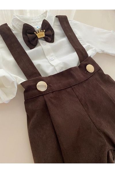 tubibebe Brown Corduroy Pleated Salopet Shirt Bow Tie