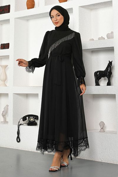 Modamihram Steindetailliertes Chiffon-Abendkleid Schwarz 17200