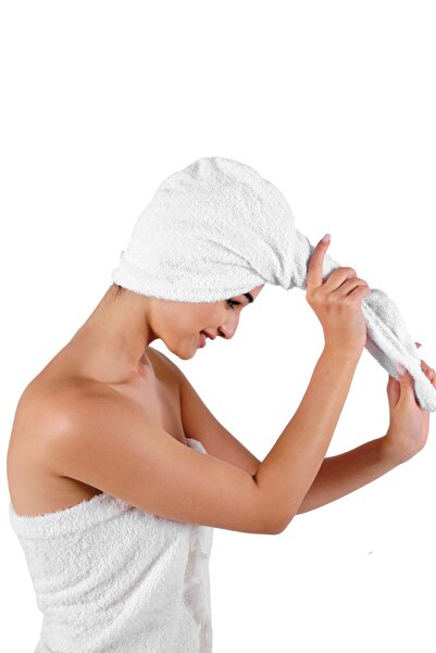 DensHaus 100% Cotton White Plain Eponj Buttoned Towel Hair Drying Cap