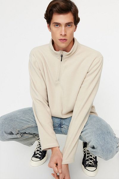 Trendyol Collection Φούτερ Fleece με φερμουάρ σε μπεζ γιακά - Αντιπηκτικό, Keep Warm TMNAW23SW00395