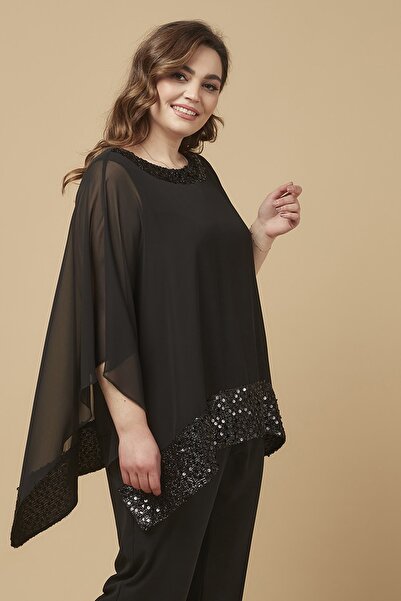 Moda Alba طوق أسود وبلوزة مطرزة بالترتر، بلوزة نسائية أنيقة مقاس كبير