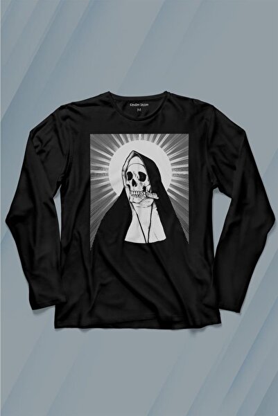 Kendim Seçtim Тениска с дълъг ръкав с шарка на черепа на монахиня - готическа...