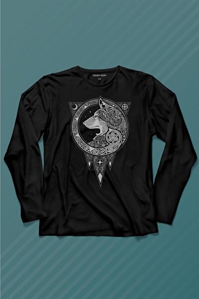 Kendim Seçtim Tricou cu mânecă lungă cu siluetă de lup cu tatuaj brodat de lup Tricou imprimat