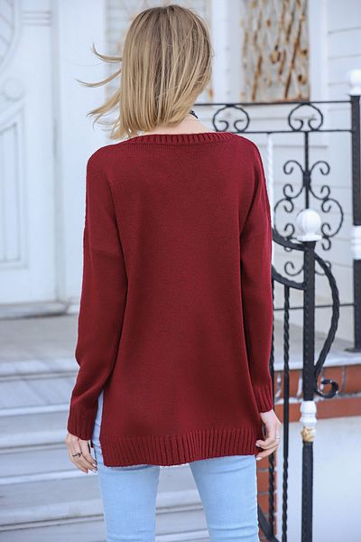 AVORWE Pulover din tricot cu decolteu O cu fantă laterală lungă pe spate