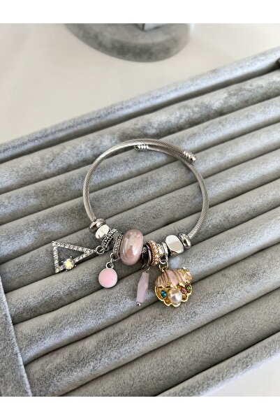 SU PERİSİ TAKI BİJUTERİ Çelik Pembe Rengi Midye Ve Inci Detaylı Model Bileklik