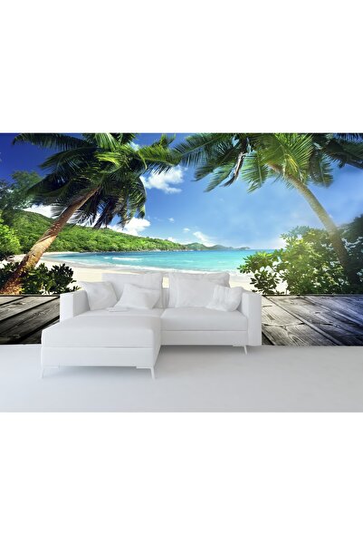umut gergi tavan Palmiye Deniz Manzaralı Duvar Kağıdı Tek Parça